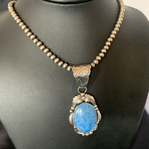 Navajo Denim Lapis Necklace with Pendant | Sterling Silver | Authentic Native American Handmade | 12437