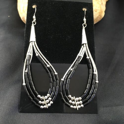 Handmade Liquid Sterling Silver Heishi Dangle Earrings | Black Onyx Tube | 2.25" | 2017