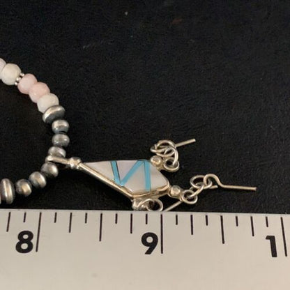 Navajo Mother of Pearl Turquoise Inlay Pendant with Pink Opal Bead Necklace | Sterling Silver | 13457