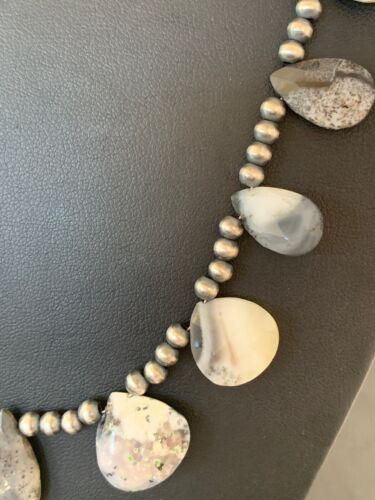 Navajo Pearls Pear Shape Necklace | Sterling Silver Black Rutile Opal Teardrop | Authentic Native American Handmade | 4088