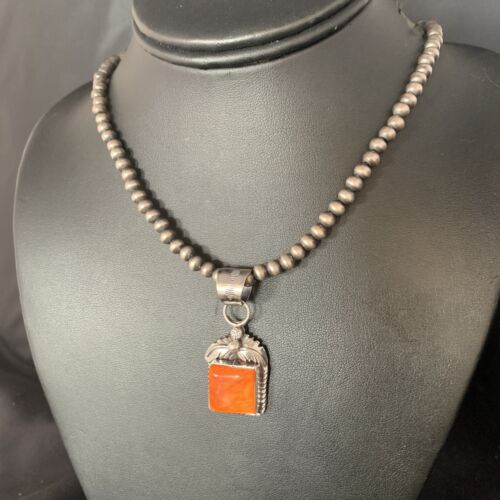 Navajo Orange Spiny Oyster Pendant | Sterling Silver Square Necklace | Authentic Native American Handmade | 13641