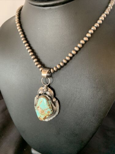 Men's Navajo Blue Dry Creek Turquoise Pendant | Sterling Silver | Pearl Necklace | Native American | 12970
