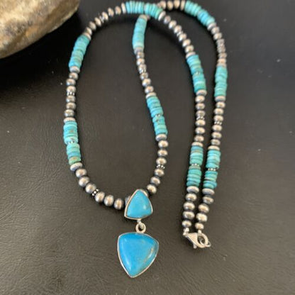 Navajo Pearl Necklace with Blue Cluster Turquoise Multi-Stone Pendant | Authentic Native American Sterling Silver | 12549
