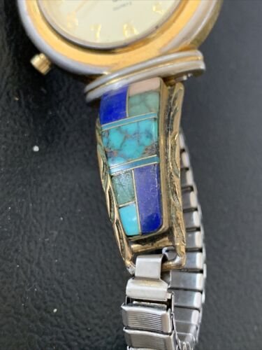 Navajo Sterling Silver Watch Tips | Old Pawn Turquoise Lapis Mother of Pearl Inlay | Authentic Native American Jewelry | 1437