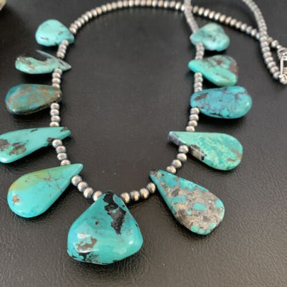 Southwestern Navajo Pearls Necklace | Sterling Silver | Blue Turquoise Teardrop | 13156