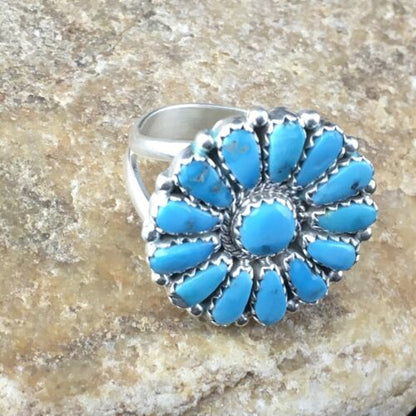 Navajo Blue Kingman Turquoise Cluster Ring | Authentic Native American Sterling Silver | Multi-Stone | Sz 7 | 10114