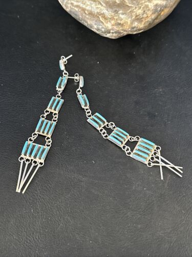 Zuni Kingman Turquoise Needle Point Dangle Earrings | Sterling Silver | Authentic Native American Handmade | 14409