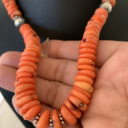 Native American Pink Coral Navajo Bead Necklace | Sterling Silver | 18" | 01951