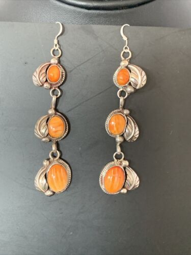 Navajo Orange Spiny Oyster Dangle Earrings | Sterling Silver | Authentic Native American Handmade | 1226