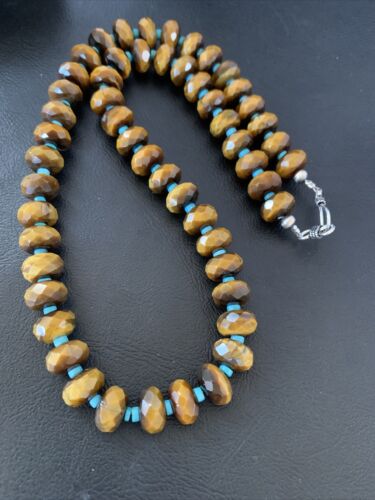 Southwestern Navajo Tigers Eye Necklace with Turquoise | Sterling Silver | 19" | 1496