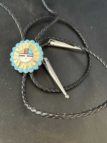 Men's Bolo Tie | Zuni Sunface Mother of Pearl Coral Turquoise Inlay | Sterling Silver | 14755