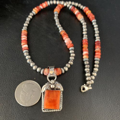 Navajo Pearls Red Spiny Oyster Pendant Necklace | Sterling Silver | 20" | Authentic Native American Handmade | 13654