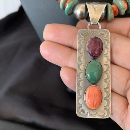 Navajo Royston Turquoise & Red Spiny Oyster Necklace Pendant | Authentic Native American Sterling Silver | Multi-Stone | 11761