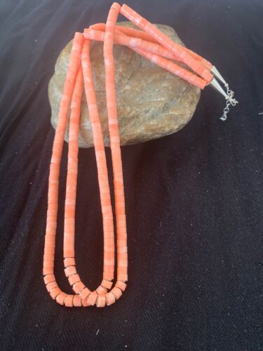Navajo Pink Stabilized Coral Heishi Bead Necklace | 2 Strand | Sterling Silver | Authentic Native American Handmade | 4701