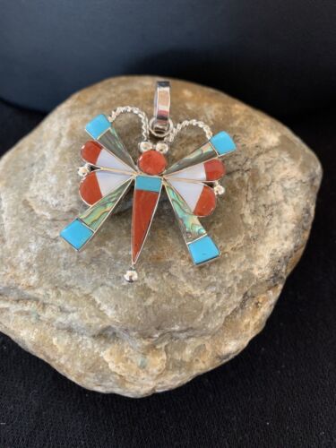 Zuni Turquoise Coral Mother of Pearl Butterfly Necklace Pin Pendant | Sterling Silver Inlay | 1368