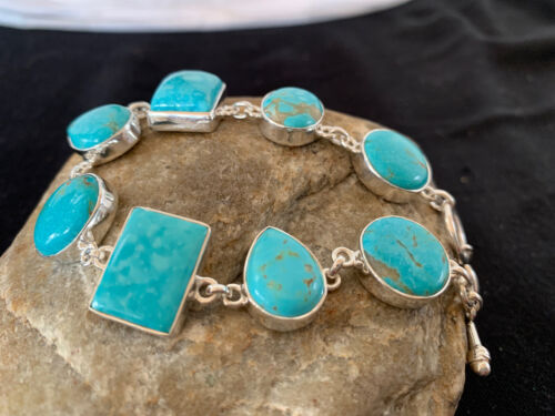 Native American Navajo Blue Turquoise Link Bracelet | Sterling Silver | 9" | 665