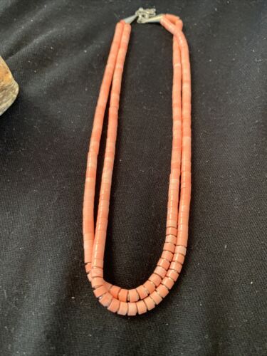 Navajo Pink Coral 2 Strand Heishi Bead Necklace | Sterling Silver Tube | 16" | Authentic Native American | 00758