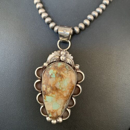 Men's Navajo Green Boulder Turquoise Pendant Necklace | Sterling Silver | Authentic Native American Handmade | 13661
