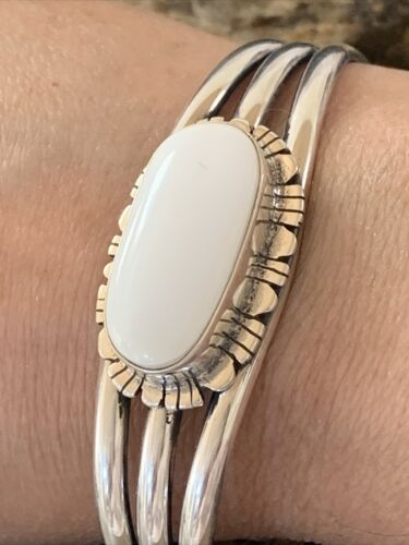 Navajo White Buffalo Turquoise Cuff Bracelet | Sterling Silver | Authentic Native American Handmade | 1423