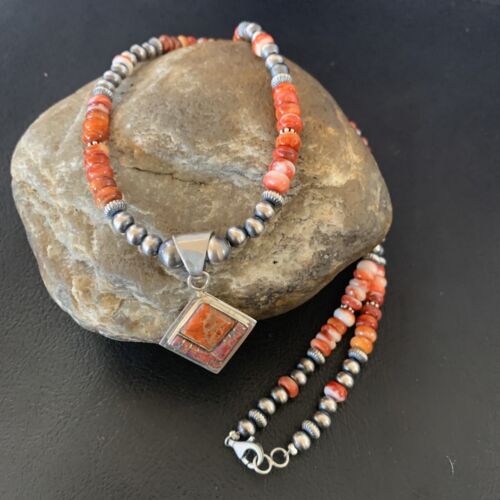 Navajo Red Spiny Oyster Opal Inlay Bead Necklace Pendant | Sterling Silver | Authentic Native American Handmade | 12723