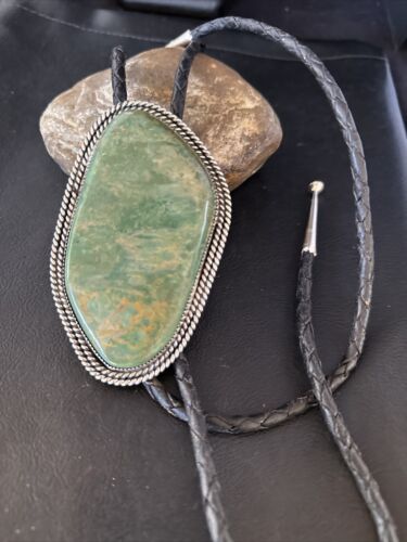 Men's Green Royston Turquoise Bolo Tie | 4" | Sterling Silver | Navajo | Authentic Native American Handmade | 14521