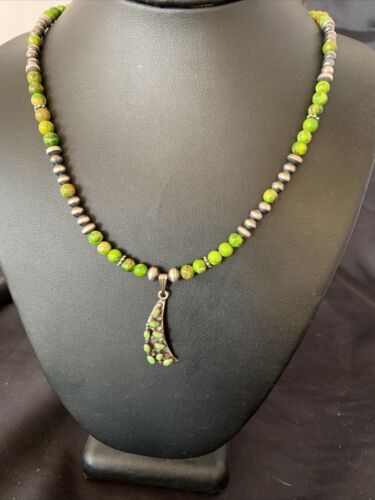 Navajo Green Gaspeite Turquoise Multi-Stone Pendant | Authentic Native American Sterling Silver | 12269