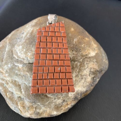 Native American Zuni Red Coral Corn Inlay Pendant | Sterling Silver | 2.5" | 12090