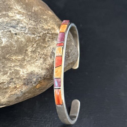 Purple Red Orange Spiny Oyster Inlay Cuff Bracelet | Navajo Sterling Silver | Handmade Jewelry 14393