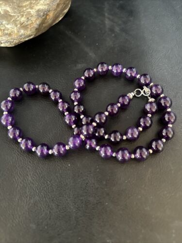 Navajo Sterling Silver Purple Amethyst Bead Necklace | 10mm | 20" | Authentic Native American Handmade | 14814