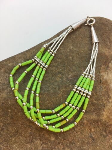 Handmade Liquid Silver Green Gaspeite Heishi Bracelet | Sterling Silver | 5-Strand | 7" | 13606