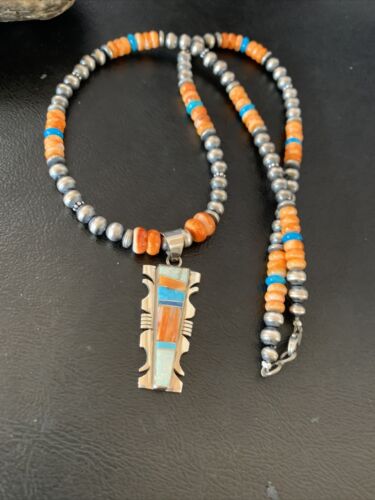 Navajo Turquoise Spiny Oyster Inlay Pendant | Sterling Silver | Authentic Native American Handmade | 11800