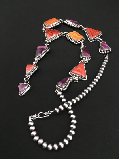Navajo Spiny Oyster Pendant Necklace | Sterling Silver Lariat | Authentic Native American Handmade | 4904