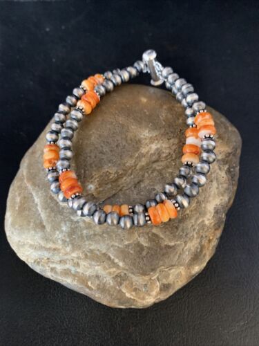 Navajo Pearls Sterling Silver Orange Spiny Oyster Bead Bracelet | 7.5" | Authentic Native American Handmade | 13801