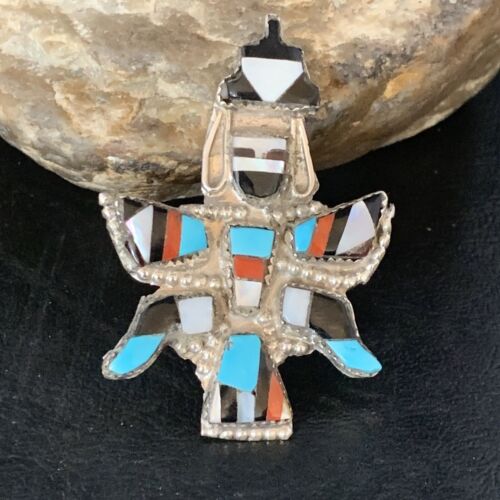 Authentic Native American Zuni Kachina Pin Pendant Necklace | Sterling Silver with Turquoise, Mother of Pearl & Onyx Inlay | 13687