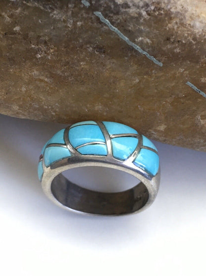 Navajo Kingman Turquoise Corn Inlay Ring | Sterling Silver | Sz 7.5 | 01619