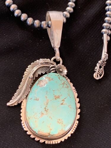 Men's Navajo Pearls | Sterling Silver | Blue Turquoise #8 Necklace & Pendant Set | 13749