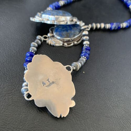 Navajo Pearls Necklace with 3 Stone Blue Denim Lapis Pendant | Sterling Silver | Native American Handmade | 10821