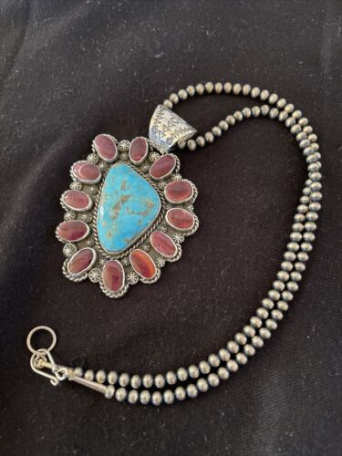 Navajo Purple Spiny Oyster & Turquoise Pendant Necklace | Sterling Silver | Authentic Native American Handmade | 01117