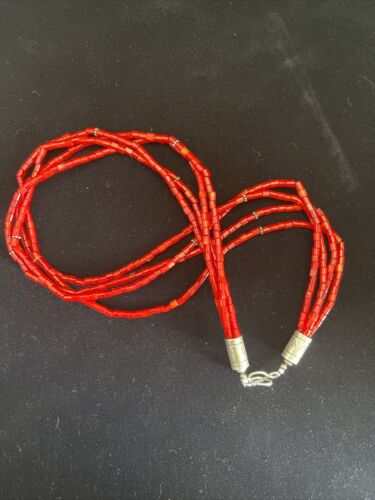 Native American Red Stabilized Coral Tubes Necklace | Sterling Silver | 18" | 1749