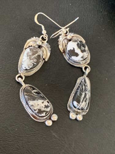 White Buffalo Turquoise Dangle Earrings | Sterling Silver | 2.5" | Authentic Native American Handmade | 12156