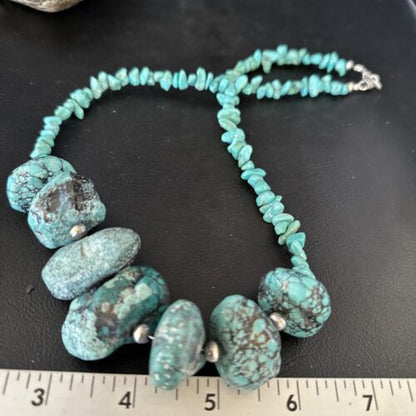 Navajo Chunky Blue Turquoise Nugget Necklace | Sterling Silver | Authentic Native American Handmade | 20" | 14418