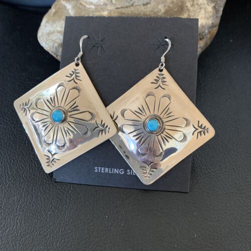 Navajo Blue Turquoise Earrings | Stamped Sterling Silver | Authentic Native American Handmade | 13322
