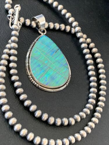Native American Women's Navajo Green Faux Opal Pendant | Sterling Silver | 2.30" | 1895