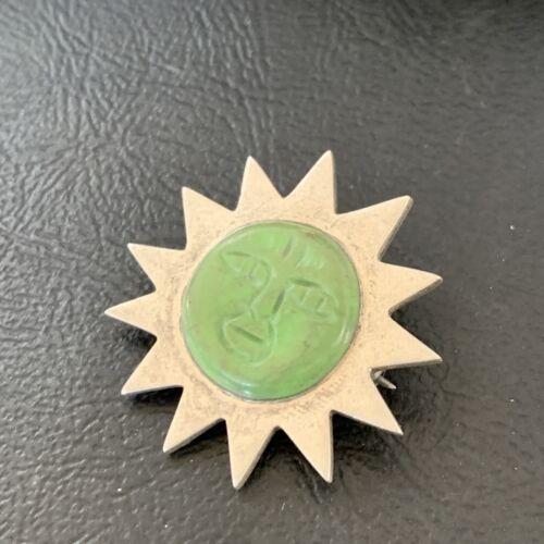 Old Pawn Navajo Green Gaspeite Sun Face Pin Pendant | Sterling Silver | Authentic Native American Handmade | 12132