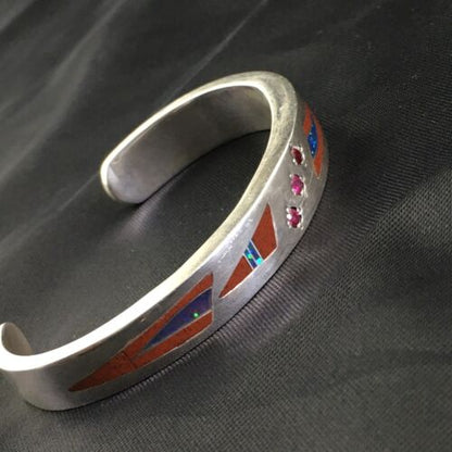 Navajo Ruby Coral Lapis Inlay Bracelet | Sterling Silver | Authentic Native American Handmade | 1098