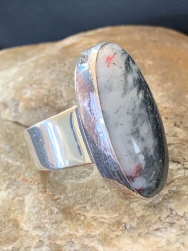 Southwestern Navajo Cinnabrite Ring | White Black | Sterling Silver | Sz 7.5 | 01561