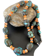 Navajo Green Turquoise & Orange Spiny Oyster Necklace | Sterling Silver | 25" | Authentic Native American Handmade | 1849