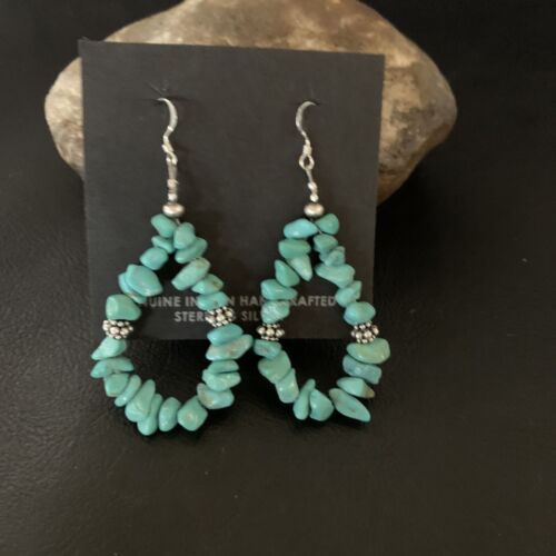 Navajo Turquoise Bead Nugget Earrings | Sterling Silver Pearls | 2" | Authentic Native American Handmade | 12888