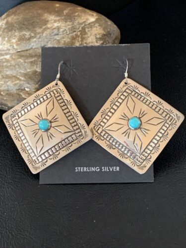 Navajo Blue Turquoise Earrings | Stamped Sterling Silver | Authentic Native American Handmade | 13324