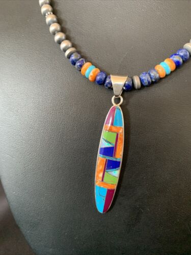 Navajo Sterling Silver Turquoise & Spiny Oyster Inlay Multicolor Necklace Pendant | Authentic Native American Handmade | 11638